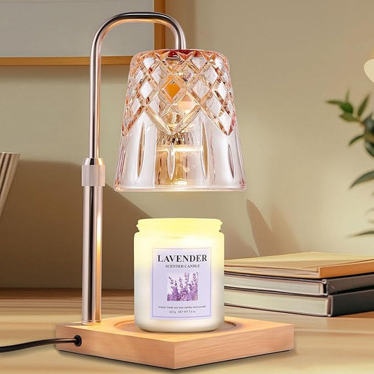Candle Warming Lamp with Timer Dimmer, Adjustable Height Electric Wax Melt Warmer for Jar Candles with 3 Bulbs, Mother's Day Women's Home Decor Gift, Square Base with Champagne Color Pole