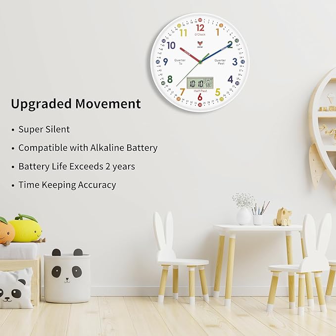 Foxtop Digital and Analog Learning Clock for Kids - Telling Time Teaching Clock 12 Inch Silent Non-Ticking Battery Operated Kids Wall Clock for Kids Room Playroom Nursery Classroom School (White)