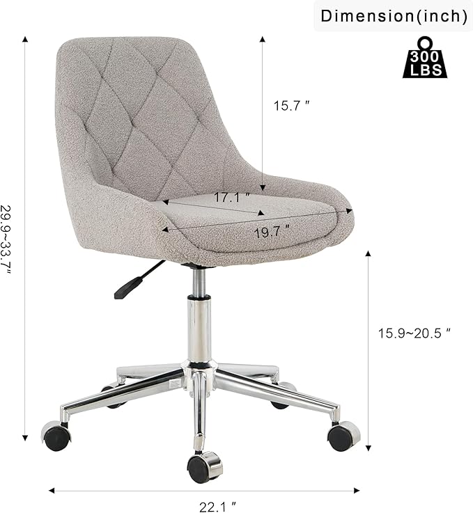 Furnimart 360° Swivel Rolling Desk Chair, Height Adjustable Vanity Chair with Silver Legs, Cute Task Chair with Wheels for Dorm Bedroom Studying Small Places (Teddy Gray)