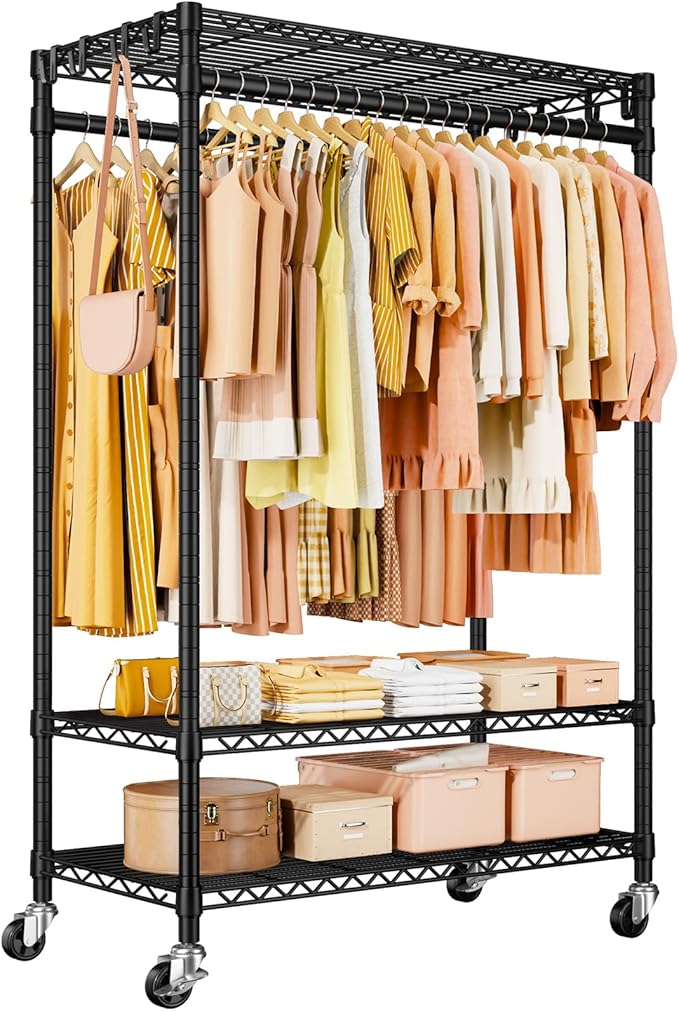 P7 Rolling Clothes Rack, Clothing Racks for Hanging Clothes, Heavy Duty Garment Rack with Wheels, 3 Tiers Freestanding Portable Closet Rack 45''W × 20.5''D × 80.5''H, Max Load 480 lbs, Black