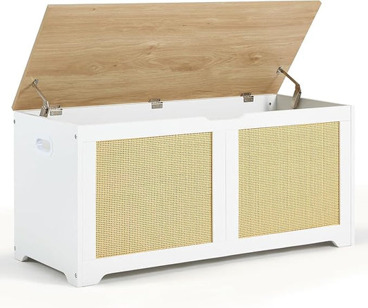 EROMMY Storage Chest, 39.4" Rattan Storage Bench with 2 Safety Hinges, Shoe Bench for Entryway, Bedroom, Living Room, Supports 300 lb