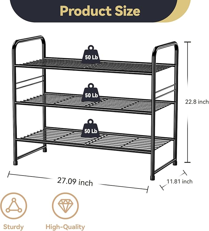 3-Tier 27” Wide Shoe Rack for Closet, Metal Stackable Shoe Shelf Organizer, Black