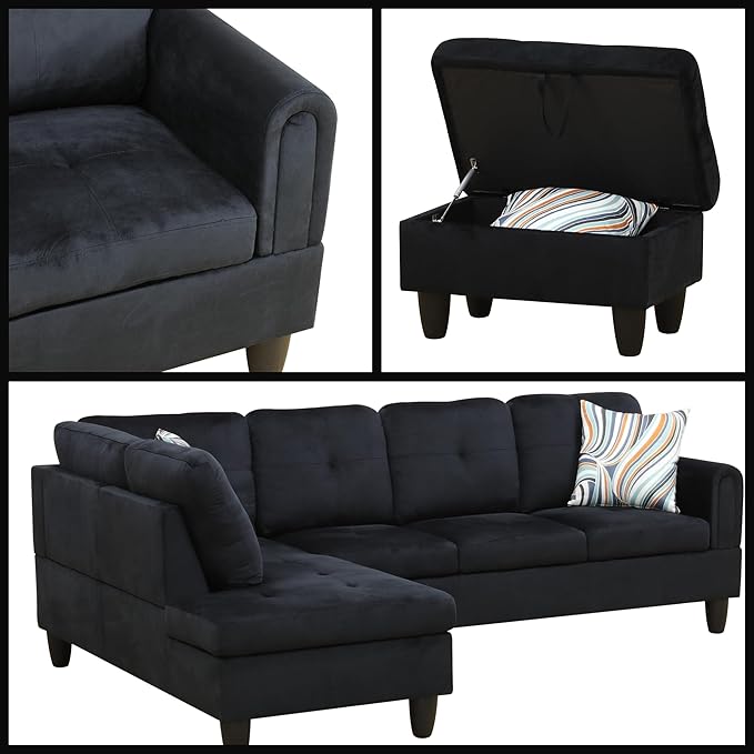 L-Shaped Sectional Sofa with Movable Chaise & Storage Ottoman, Lounge 3-Piece Modular Convertible Couches for Living Room, Apartment & Office, Black