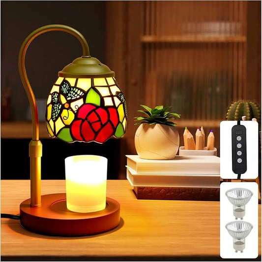 Candle Warmer Lamp with Timer Dimmer, Adjustable Height Candle Warmer for Jar Candles, Birthday Gifts for Women New Home Bedroom Decor Tiffany Butterfly Style Stained Glass with 2 Bulbs