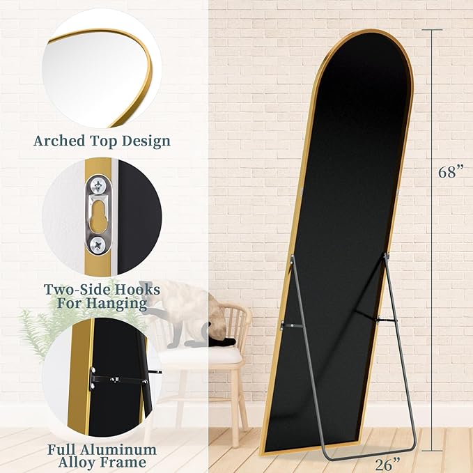 Full Length Mirror with Stand, 68"x26" Arched Full Body Mirror, Large Stand Up Mirrors, Aluminum Frame Floor Standing Mirrors, Freestanding Hanging Leaning Mounted for Bedroom Living Room Gold