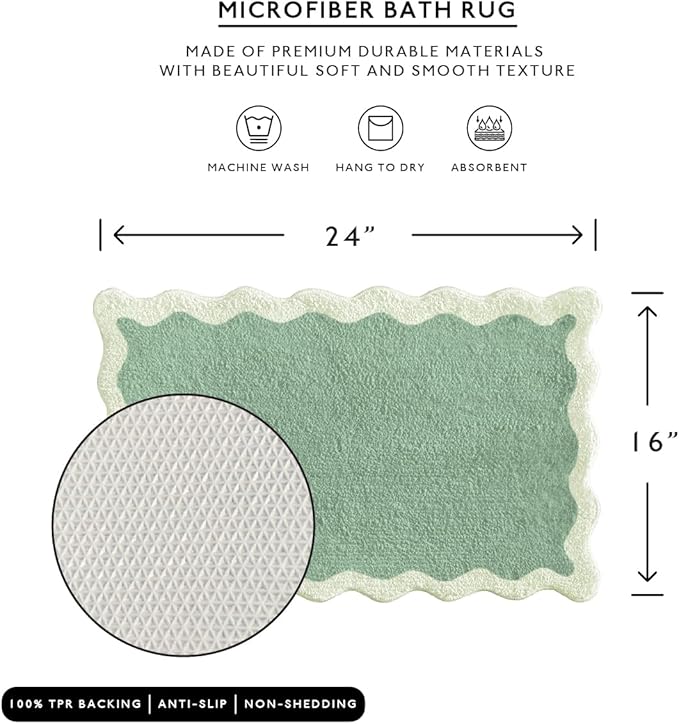 MONDAY MOOSE Bath Mat with Scalloped Wavy Ripple Design, Microfiber Absorbent Non Slip Tufted Rug for Floor, Shower or Kitchen (16x24 inch, Sage)