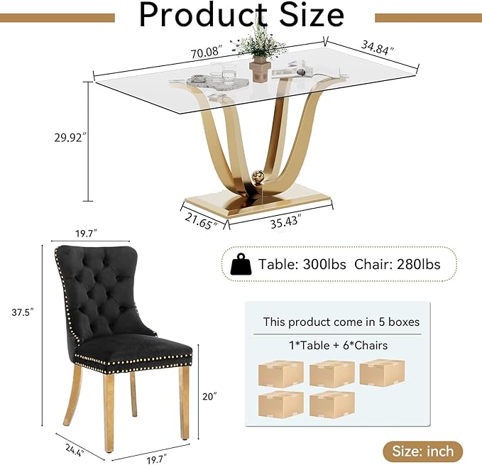 70" Modern Gold Glass Dining Table Set for 6, 7-Piece Rectangle Kitchen Dining Room Table Set with Steel Base & 6 Black Velvet Upholstered Chairs, Modern Glass Kitchen Table and Chairs Set of 6