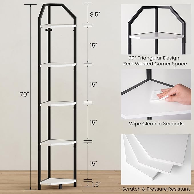 5-Tier Corner Shelf | 70 Inch Tall Bookshelf & Plant Stand, Heavy Duty Storage for Home Office & Living Room - White