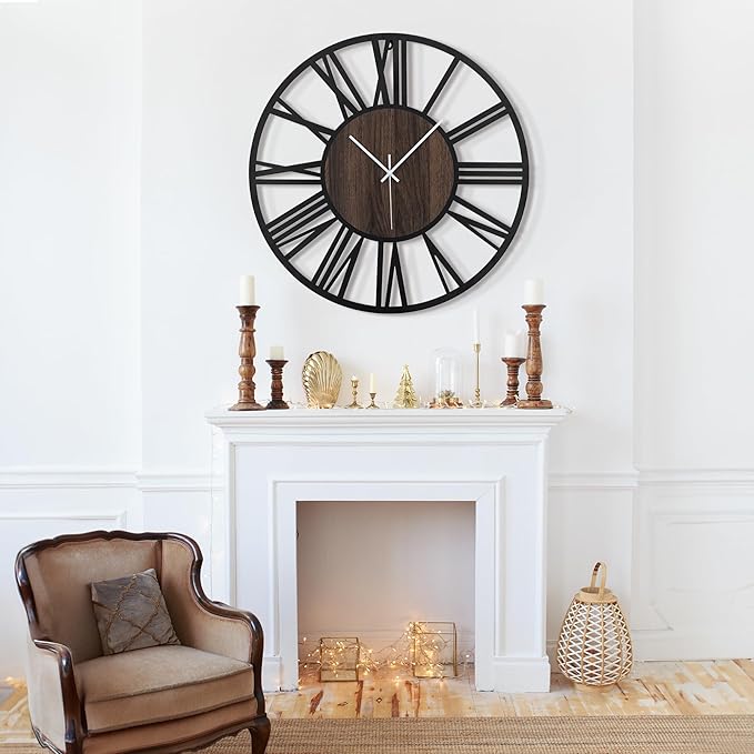 LEIKE Large Wall Clocks,Silent,Non Ticking,Battery Operated Rustic Round Modern Big Wood Wall Clock for Living Room, Bedroom,Kitchen,Farmhouse,Office,Home Decor-16 Inch(Black-Roman Numerals)