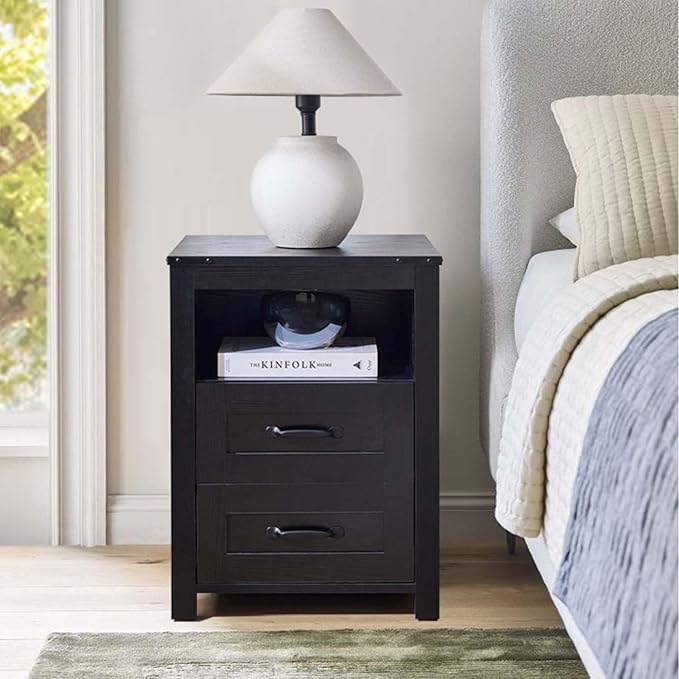 Farmhouse Nightstand with Charging Station & Drawers, Black Wood Bedside Table, End Table with 2 Storage Drawers & USB Ports for Bedroom, Dorm，Black