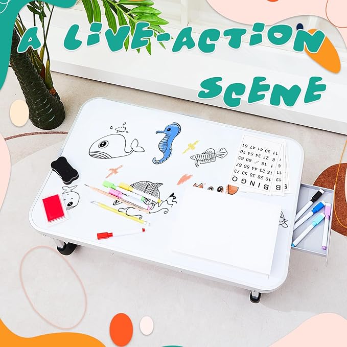 Suzile 2 Pcs Kids Lap Desk with Dry Erase Board, 24" x 16" Foldable Study Tray with Drawer, Markers & Eraser, Portable Desk for Art, Homework, First Day & Back to School Supplies