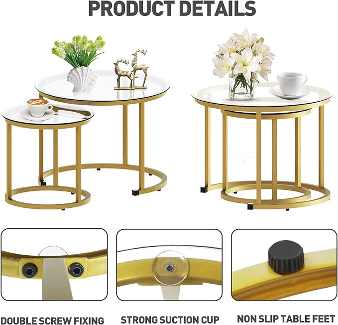 aboxoo Gold Nesting Coffee Table Set of 2, Small Glass Round Nesting Tables for Living Room Bedroom, Accent Tea Table with Metal Frame Modern Industrial Simple