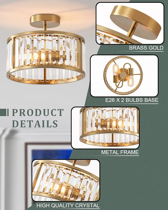 Brass Gold Flush Mount Ceiling Light, 2- Light Caged Crystal Chandelier, Small Drum Hallway Light fixtures Ceiling Mount (Brass Gold)