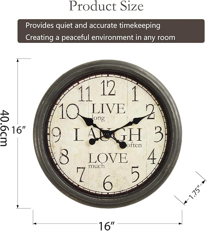 16 Inch Vintage Wall Clock, Silent Non-Ticking Quartz Battery Operated Decorative Clock for Home, Kitchen, Living Room, Dining Room, Office, Old Brown Roman Numerals