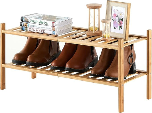 2-Tier Bamboo Shoe Rack for Entryway, Stackable | Heavy Duty | Multi-Function, Free Standing Shoe Racks for Bedroom Hallway Closet