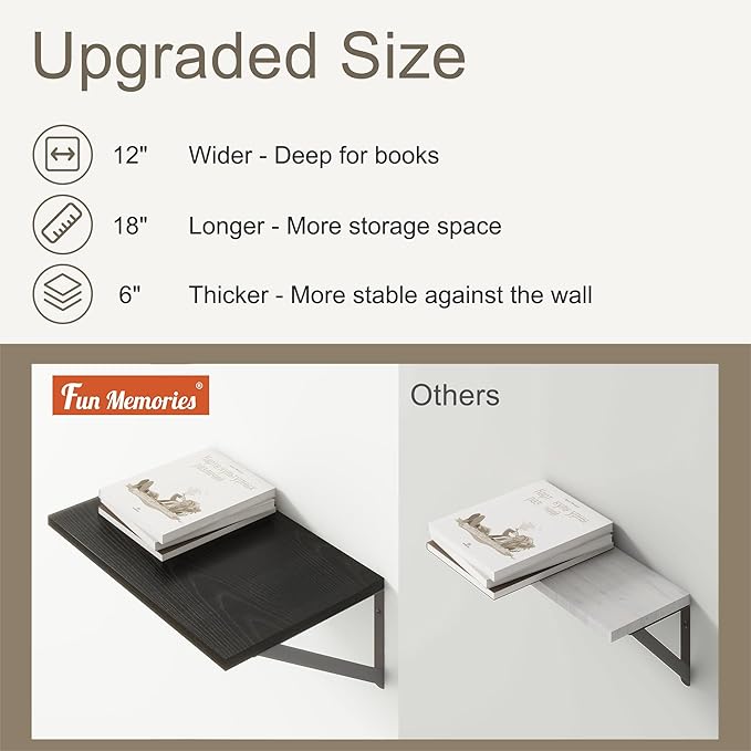 Fun Memories Black Floating Shelves 18 Inch Long, Rustic Floating Shelf with Brackets, 12 Inch Deep Wall Shelves, Black Bathroom Shelves, 18 x 12 Storage Shelf for Kitchen, Living Room, Set of 2