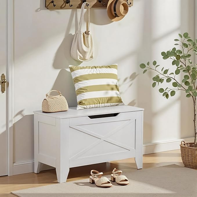 VECELO 30" Farmhouse Style Storage Bench, Entryway Shoe Ottoman, with Handwoven Cushion, with Metal Safety Hinges, for Bedroom, Living Room, Entryway, White