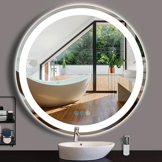 32 Inch Bathroom Round LED Mirror with Lights for Bathroom Wall Mounted Round Lighted Vanity Mirror with 3 Colors Lights Wall Mirror Dimmable Anti-fog Memory Bathroom Smart Circle LED Mirrors