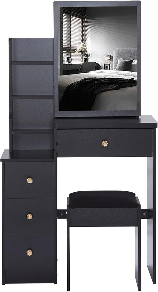 Small Makeup Vanity Desk with Mirror, Small Vanity Desk Set with Hidden Chair, Compact Vanities Table with Compact Space Storage Stool, 4 Drawers, Storage Shelves for Bedroom, Black