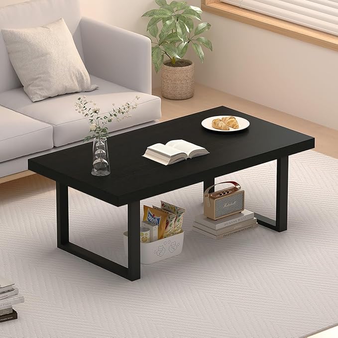 IBF Black Coffee Table, Minimalist Industrial Wooden Center Table, Modern Simple Rectangle Living Room Table, Farmhouse Wood and Metal Cocktail Coffee Table for Home Bedroom Office, Black Oak, 39 inch