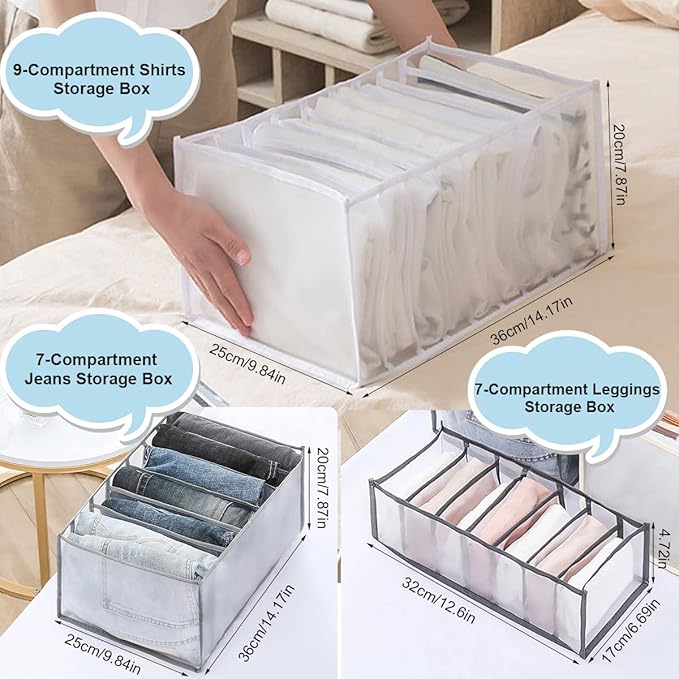 KesaPlan 3Pcs Wardrobe Clothes Organizer, 7/7/9 Grids Visible Foldable Closet Organizers, Compartment Storage Box with Mesh Separation, Washable Drawer Dividers Organizers (Pants+T-Shirt+Legging)