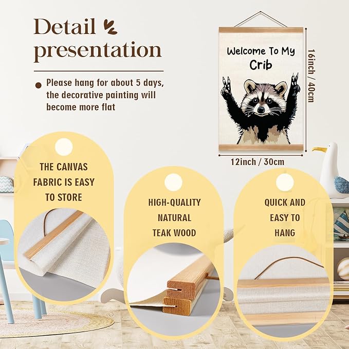 ZTGDA Welcome to My Crib Wall Art,Funny Raccoon Poster Durable Man Cave Wall Decor,Raccoon Canvas Hanging Sign for Entryway, Dorm Room, Nursery or Bedroom Decor (My crib raccoon)