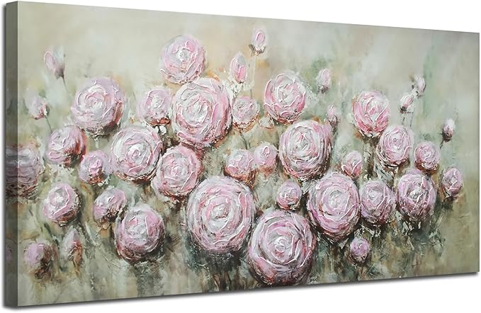 Arjun Pink Rose Wall Art Flower Canvas Painting 3D Textured Floral Silver Grey Artwork Modern Abstract Petals Tranquil Framed Large for Living Room Bedroom Bathroom Home Office Wall Decor, 40"x20"