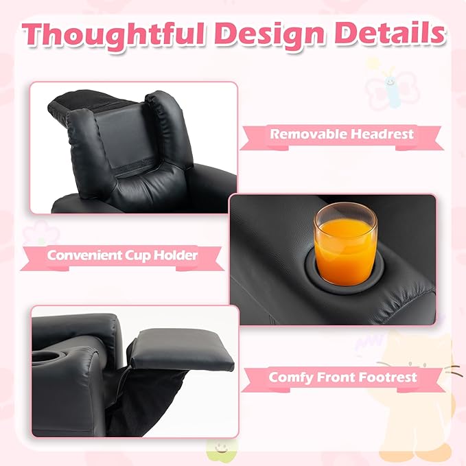 AVAWING Kids Recliner Chair with Cup Holder, Leather Toddler Recliner with Adjustable Backrest, Curved Rocking Legs and Comfy Armrests for Bedroom or Nursery (Black)