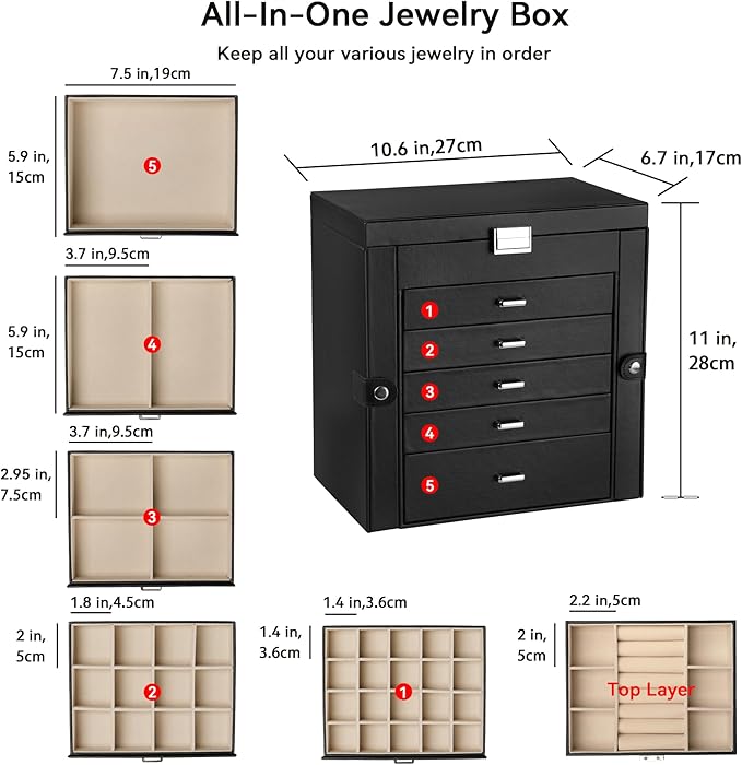 Frebeauty Large Jewelry Box,6-Tier PU Leather Jewelry Organizer,Multi-functional Storage Case with Mirror,Accessories Holder with 5 Drawers for Necklace Bracelets Watches(Black)