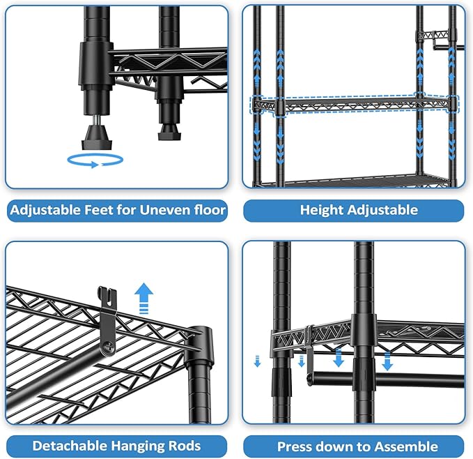 IZEUK Heavy Duty Garment Rack, Wardrobe Combination and Tall Dresser with Hanging Rack for Clothes with 5 Rods, Freestanding Adjustable Metal Closet Organizer, 15.7" D x 70.8" W x 76.5" H, Black