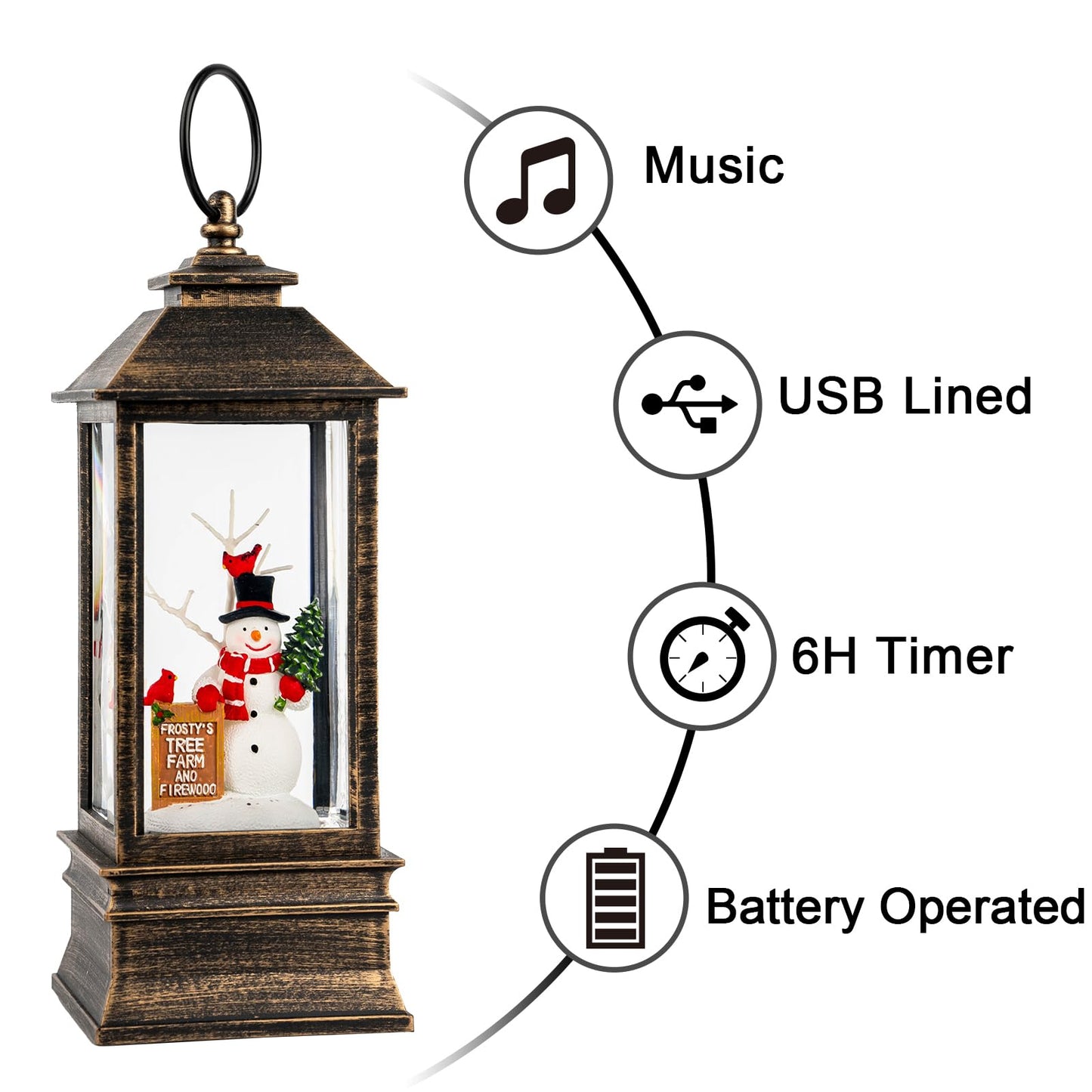 10'' Frosty's Tree Farm Snowman Musical Lighted Snow Globe Water Lantern with Swirling Glitter Decoration for Christmas Home, Living Room, Battery Operated or USB Powered