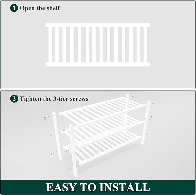 Smiry Bamboo Shoe Rack for Closet, 3 Tier Wooden Stackable Shoe Organizer, Free Standing Shoes Storage Shelf for Entryway, Front Door Entrance, White