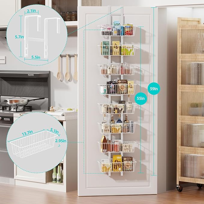 8-Tier Over Door Pantry Organizer with Mesh Baskets, Foldable Metal Hanging Spice Rack with 8 Baskets for Kitchen Organizers and Storage, for Home & Kitchen Laundry Room Bathroom Essentials, White