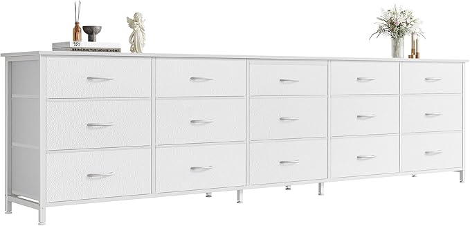Huuger 78.7 inch Long Dresser for Bedroom, 15 Drawer Fabric Dresser for Closet, Large TV Stand for 65, 75, 85 inch TV, Wide Chest of Drawer with Storage, 78.7" W x 12.9" D x 26.7" H, White