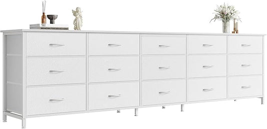 Huuger 78.7 inch Long Dresser for Bedroom, 15 Drawer Fabric Dresser for Closet, Large TV Stand for 65, 75, 85 inch TV, Wide Chest of Drawer with Storage, 78.7" W x 12.9" D x 26.7" H, White