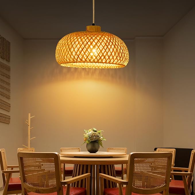 23.6inch Bamboo Rattan Pendant Light, Hand-Woven Wicker Boho Hanging Ceiling Light Fixture, Beige Pendant Lamp Rustic Farmhouse Chandelier for Kitchen Island, Dining Room, Bedroom, Living Room