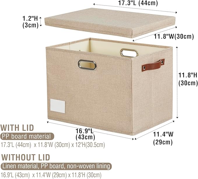 17" Large Collapsible Storage Bins with Lids, Stackable Closet Organizers with PU Handle and Labels, 3-Pack Decorative Fabric Storage Boxes for Home, Bedroom, Closet, Office, Nursery(Khaki)