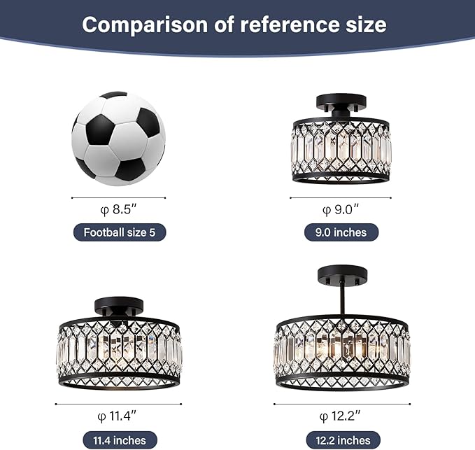 Crystal Black Ceiling Light, Modern Semi Flush Mount Ceiling Lighting Fixture, Round Hallway Lighting Fixtures for Kitchen Entryway Bedroom Laundry Room, 1-Light, 9 Inch