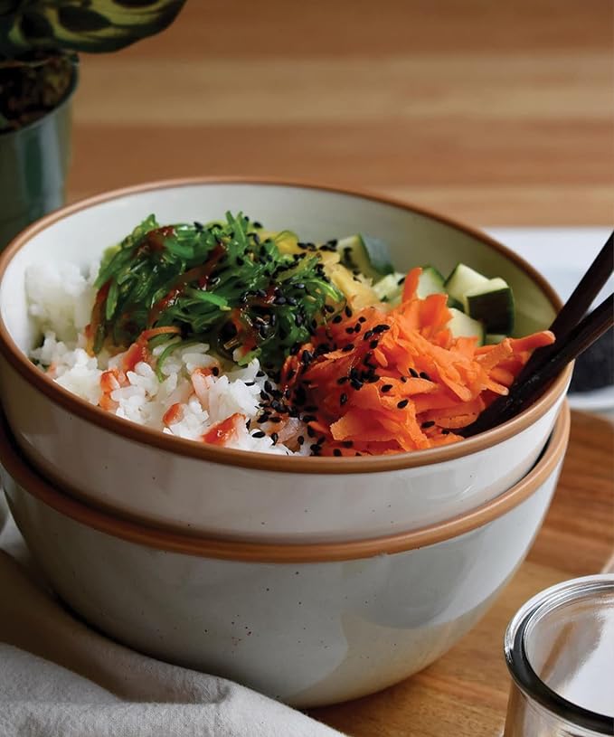 Mora Ceramic Bowls For Kitchen, 28oz - Bowl Set of 4 - For Cereal, Salad, Pasta, Soup, Dessert, Serving etc - Dishwasher, Microwave, and Oven Safe - For Breakfast, Lunch and Dinner - Vanilla & Grey