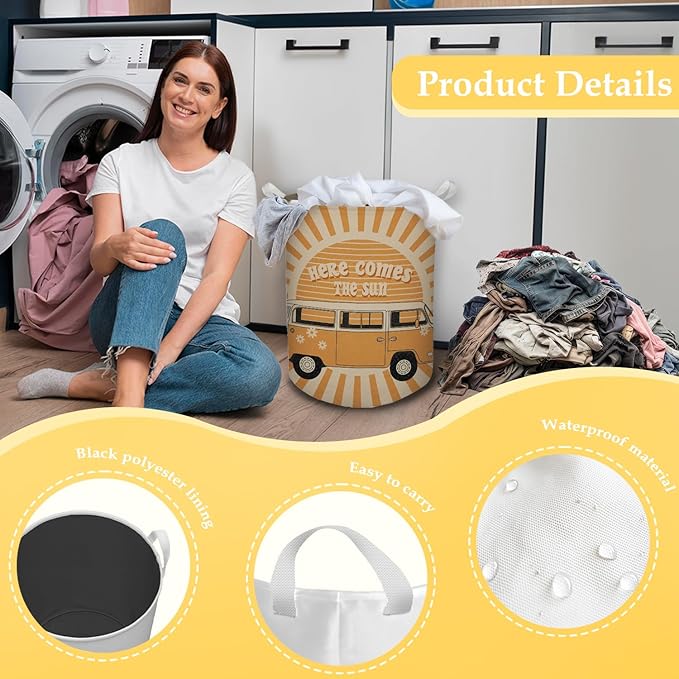 Here Comes the Sun Laundry Basket, 70s Retro Boho Sunshine Waterproof Collapsible Laundry Hamper Dirty Clothes Storage Toy Bin Organizer for Bathroom Bedroom Nursery Kids Room