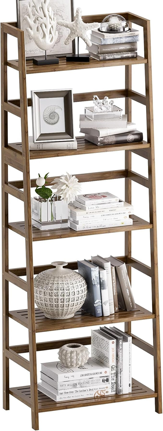 Ladder Shelf, 5-Tier Bookshelf, All Bamboo Heavy Duty Bookcase, Freestanding Open Wood Storage Rack, Modern Corner Display Plant Stand for Living Room, Home Office, Bathroom, Bedroom, Walnut