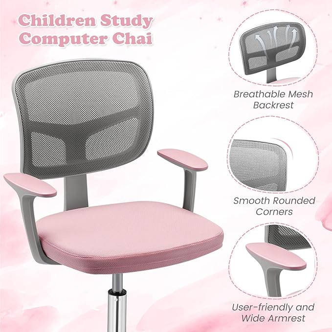 Giantex Kids Desk Chair, Children Computer Chair with Wheels and Y-Shaped Lumbar Support, Mesh Kids Study Seating, Height Adjustable Desk Chair for Girls Boys Aged 4-13, Pink