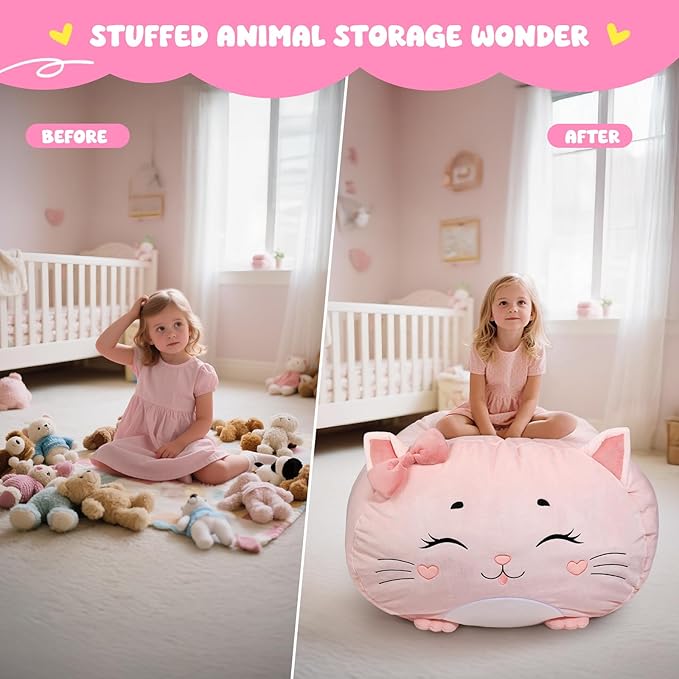 GAGAKU Stuffed Animal Bean Bag Cover Toy Storage, 24 Inches Kids BeanBag Pink Small Cat Large Zipper Bean Bag for Organizing Kids Plush Toys Home Supplies