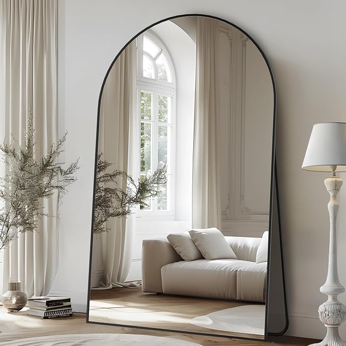 Full Length Mirror, 91"x46" Oversized Floor Mirror Freestanding, Full Body Mirror Floor Standing Mirrors with Stand, Hanging Mounted Mirrors for Bedroom Living Room, Black, Arched Style