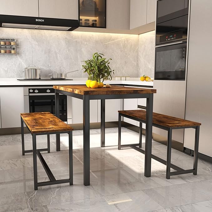 AWQM Dining Room Table Set, Kitchen Table Set with 2 Benches, Ideal for Home, Kitchen and Dining Room, Breakfast Table of 43.3x23.6x28.5 inches, Benches of 38.5x11.8x17.5 inches, Rustic Brown