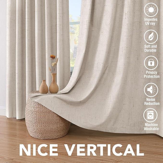 H.VERSAILTEX Blackout Linen Curtains, 100% Blackout Drapes Textured Blackout Curtains with White Thermal Insulated Liner, Grommet Top Curtains Living Room (2 Panels, 42 x 84 Inch, Natural)