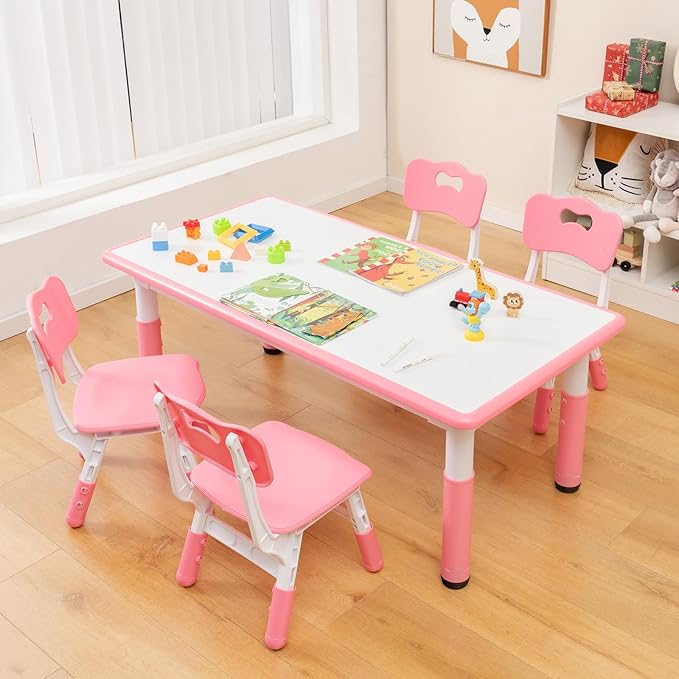 HONEY JOY Kids Table and Chair Set, Height Adjustable Children Activity Table and 4 Chairs Set w/Erasable Graffiti Desktop, Toddler Table and Chair Set for Daycare, Classroom, Home (Pink)