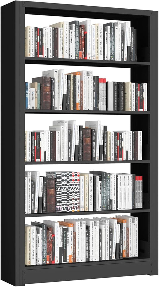 5-Tier Industrial Bookshelf, White Bookcases and Bookshelves,Tall Bookshelf Storage Organizer,Freestanding for Living Room, Bedroom,Home Office,Meta,Black