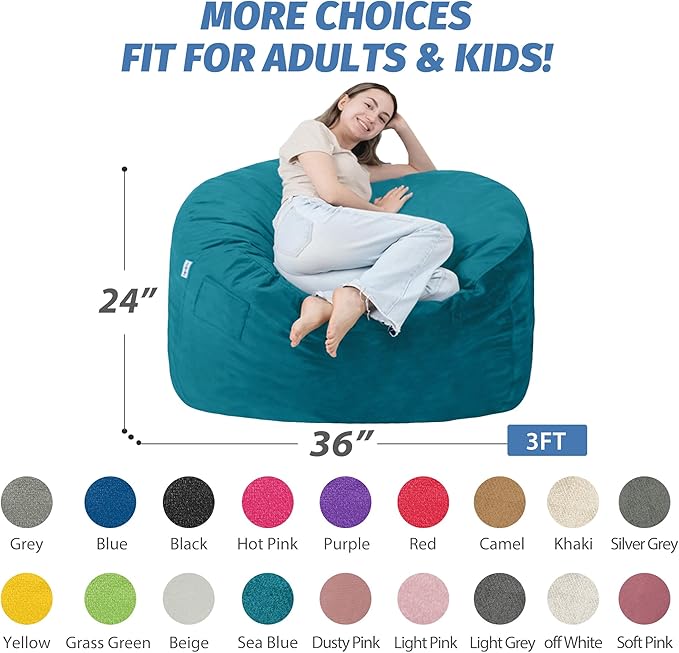 3FT Bean Bag Chair with Ultra Soft Velvet Cover Bean Bag Sofa with Memory Foam Bean Bag Chairs with Large Size Lazy Sofa for Dorm Office Living Room Bedroom Sea Blue 3'