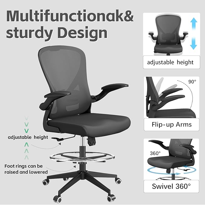 Drafting Chair, Ergonomic Tall Office Chairs for Standing Desk, Home Office Desk Chair with Lumbar Support and Adjustable Flip-up Armrests & footrest